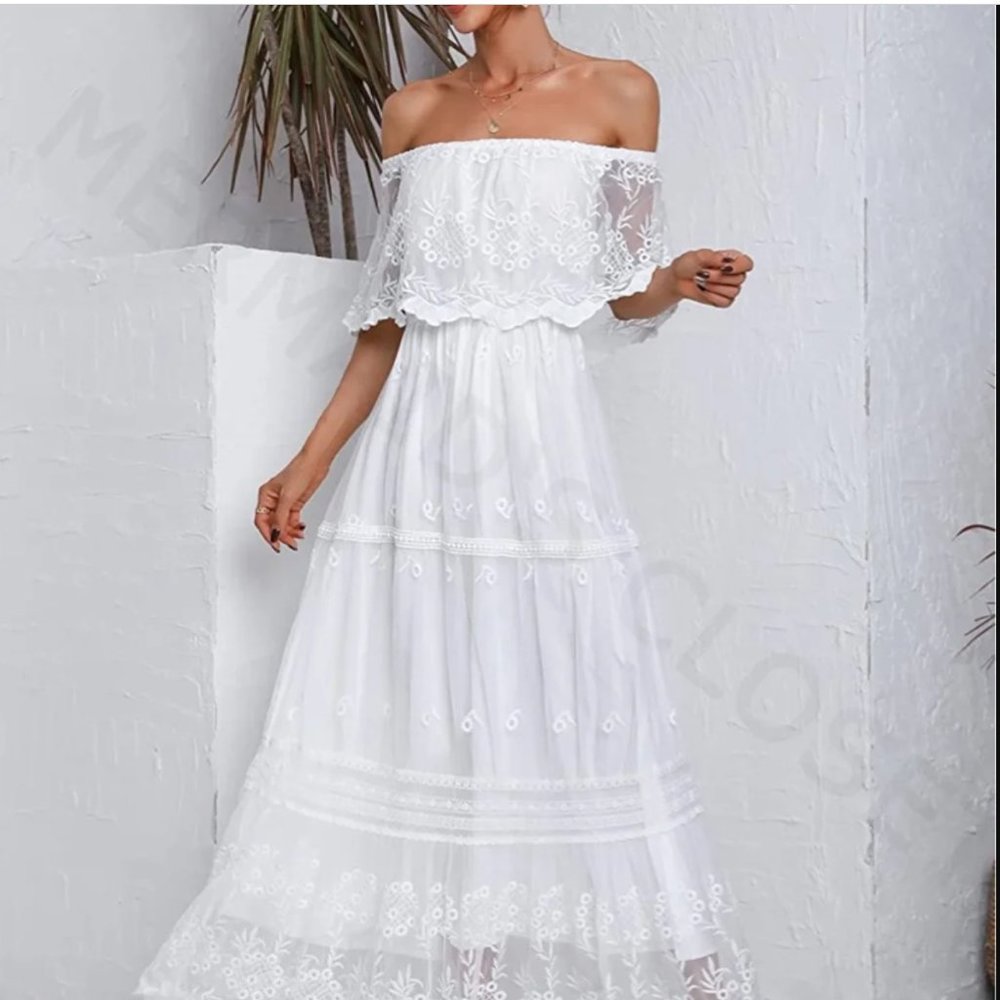 MERMAID'S CLOSET Womens Casual Off The Shoulder Maxi Brides Dress White Lace XL